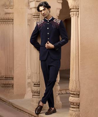 Blue embroidered linen bandhgala set 2