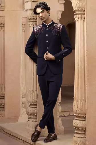 Blue embroidered linen bandhgala set