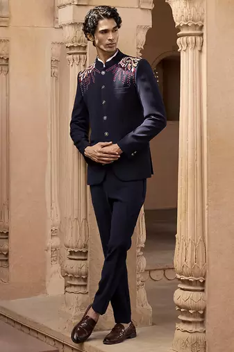 Blue embroidered linen bandhgala set