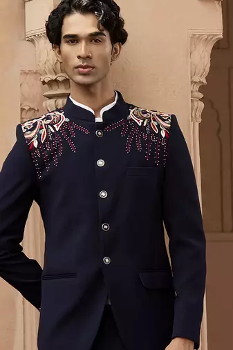 Blue embroidered linen bandhgala set