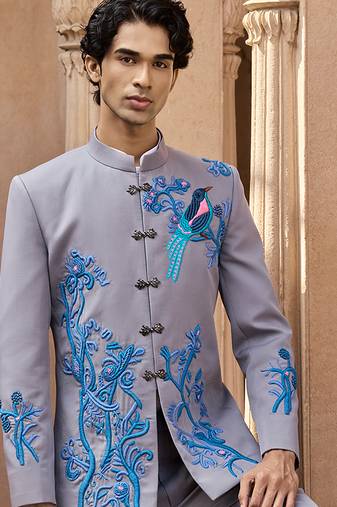 Grey embroidered linen bandhgala set