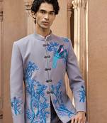 Grey embroidered linen bandhgala set