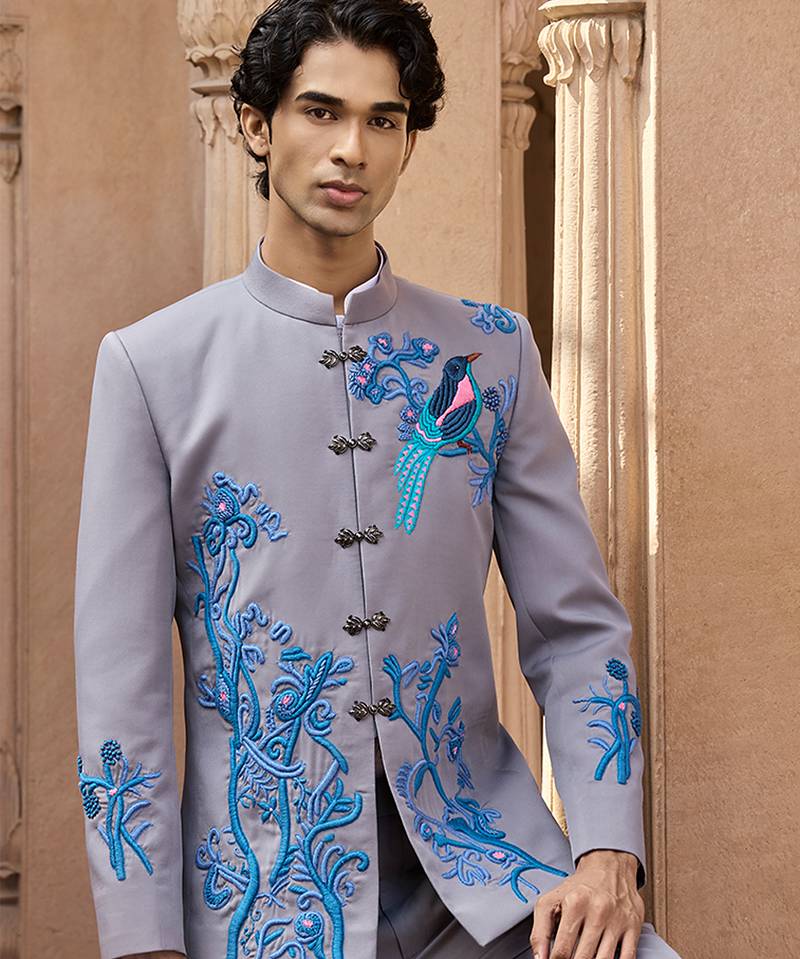 Grey embroidered linen bandhgala set