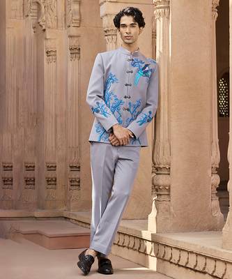 Grey embroidered linen bandhgala set 2
