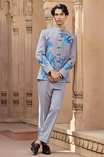 Grey embroidered linen bandhgala set