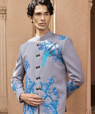 Grey embroidered linen bandhgala set 3