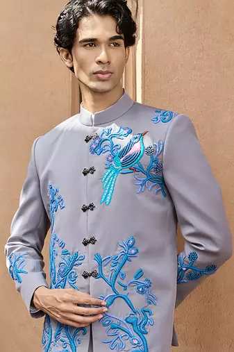 Grey embroidered linen bandhgala set