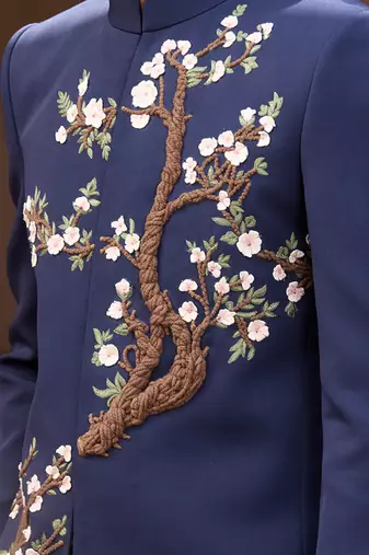 Blue embroidered linen bandhgala set