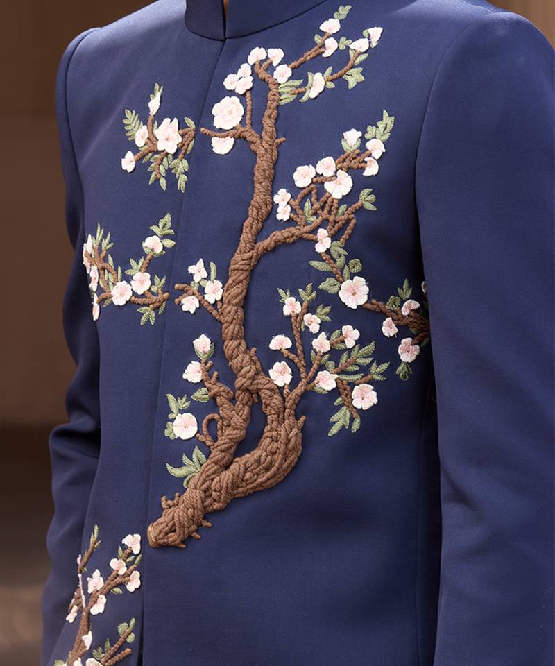 Blue embroidered linen bandhgala set