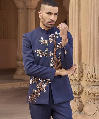 Blue embroidered linen bandhgala set 3
