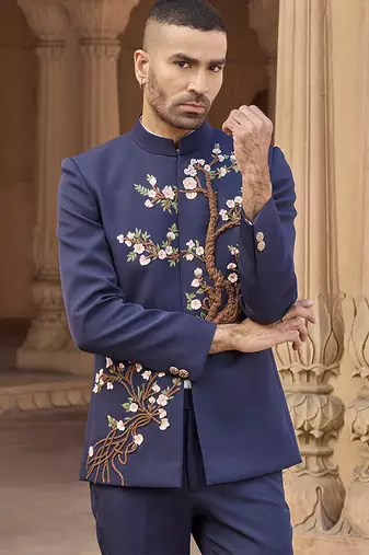 Blue embroidered linen bandhgala set