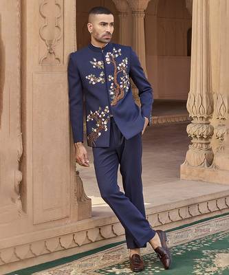 Blue embroidered linen bandhgala set 1