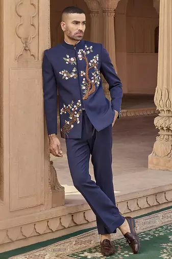 Blue embroidered linen bandhgala set