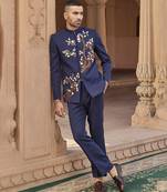Blue embroidered linen bandhgala set