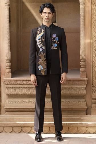 Black embroidered linen bandhgala set