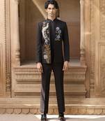 Black embroidered linen bandhgala set