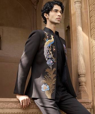 Black embroidered linen bandhgala set 3