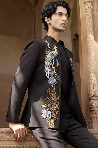 Black embroidered linen bandhgala set