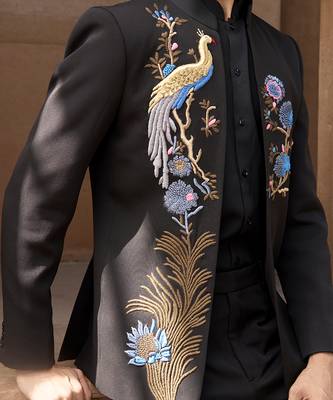 Black embroidered linen bandhgala set 4