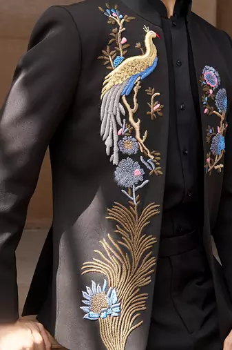 Black embroidered linen bandhgala set