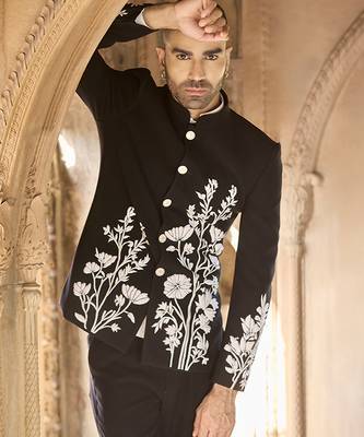 Black embroidered linen bandhgala set 2