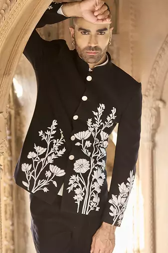 Black embroidered linen bandhgala set