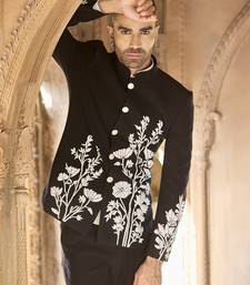 Black embroidered linen bandhgala set