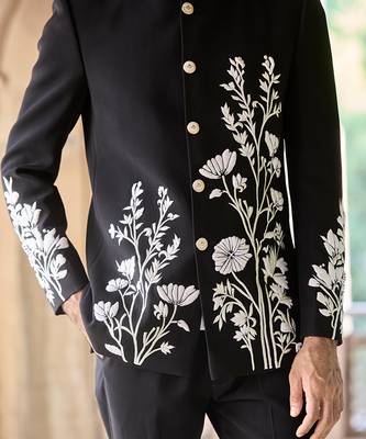 Black embroidered linen bandhgala set 3