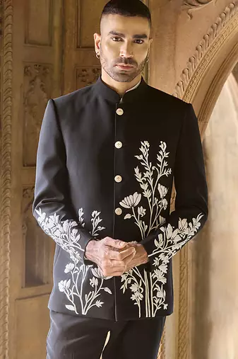 Black embroidered linen bandhgala set