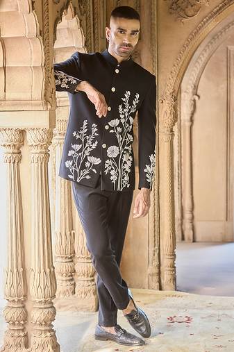 Black embroidered linen bandhgala set