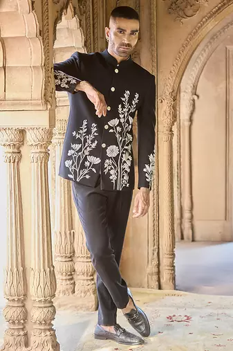 Black embroidered linen bandhgala set