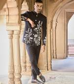 Black embroidered linen bandhgala set