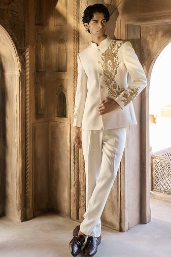Ivory embroidered linen bandhgala set