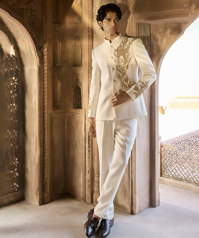 Ivory embroidered linen bandhgala set