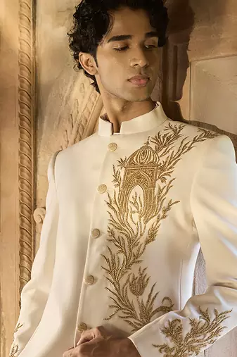 Ivory embroidered linen bandhgala set