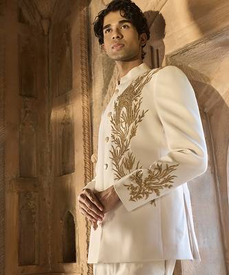 Ivory embroidered linen bandhgala set 3