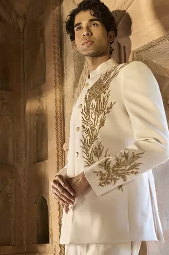 Ivory embroidered linen bandhgala set