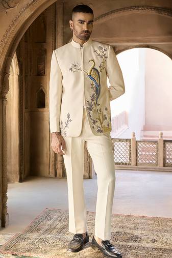 Ivory embroidered linen bandhgala set