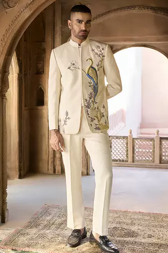 Ivory embroidered linen bandhgala set