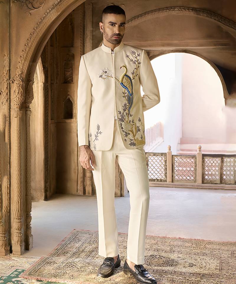 Ivory embroidered linen bandhgala set