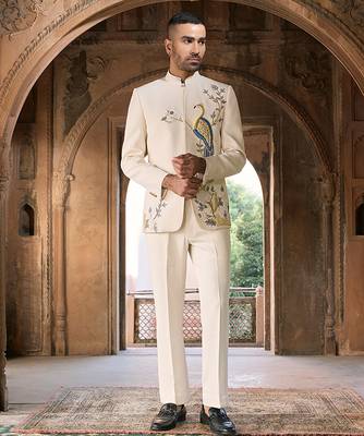 Ivory embroidered linen bandhgala set 2