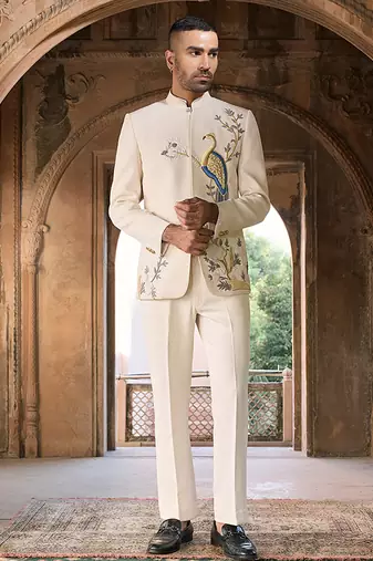 Ivory embroidered linen bandhgala set