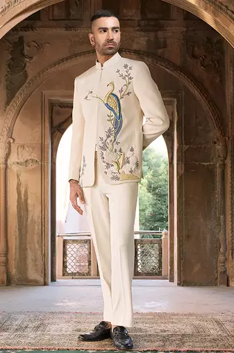 Ivory embroidered linen bandhgala set