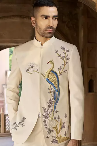 Ivory embroidered linen bandhgala set