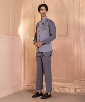 Grey embroidered linen nehru jacket set 1