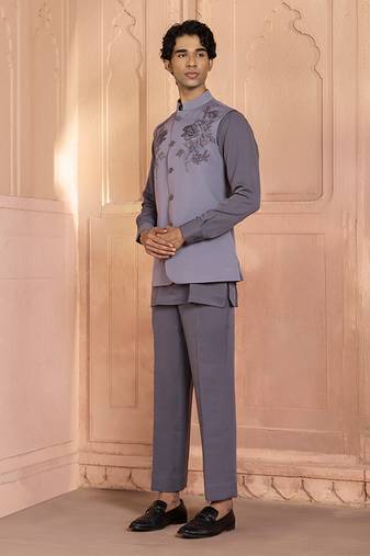 Grey embroidered linen nehru jacket set