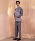 Grey embroidered linen nehru jacket set