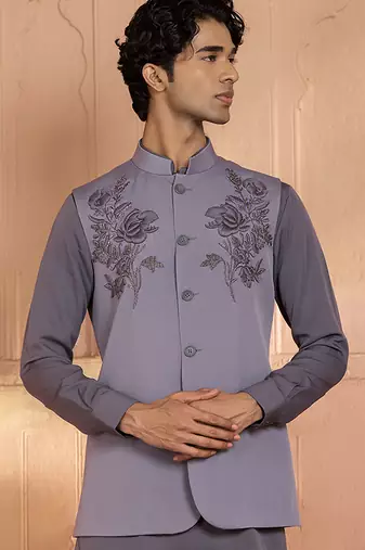 Grey embroidered linen nehru jacket set