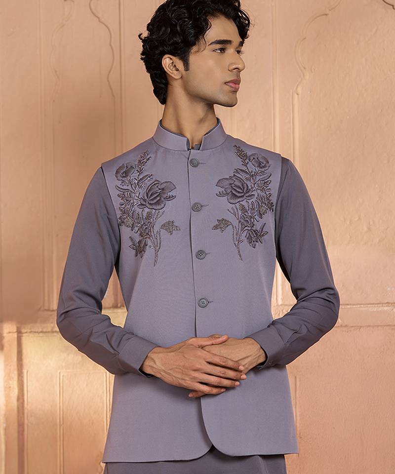 Grey embroidered linen nehru jacket set