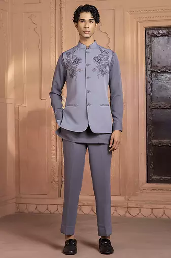 Grey embroidered linen nehru jacket set